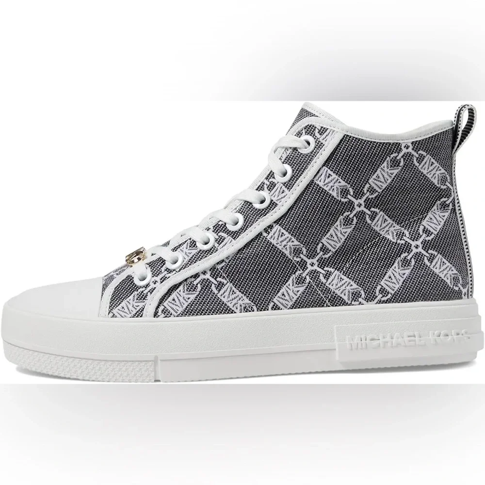 NEW Michael Kors Evy Empire Logo Jacquard High-Top Sneaker Blck/Optic White Sz 8